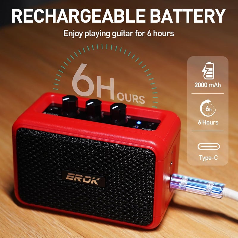 EROK Mini Electric Guitar Amplifier, with Clean Overdrive Effects,Support BT/Headphone Connection,5W Indoor Music Pratice Speaker (Red) - Image 3